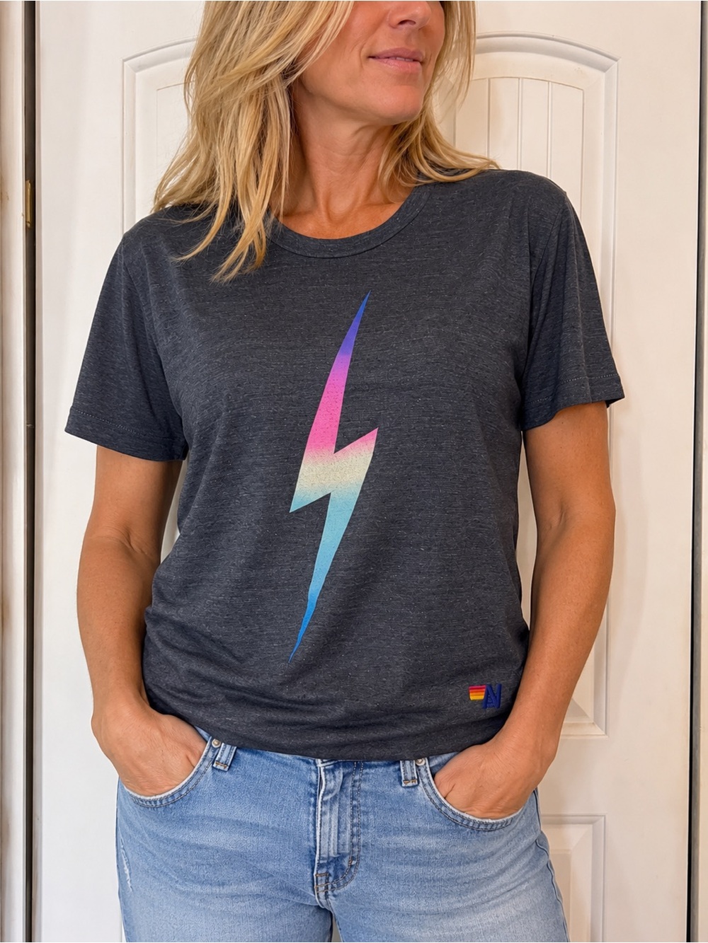 Aviator Nation Charcoal Tee with Pink-to-Blue Lightning Bolt